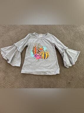 BMG Girls Youth Large Gray Ruffle Sleeve Fall Pumpkin Top – Great Quality